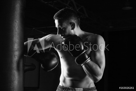 Picture of The fighter of mixed martial arts beats on the bag with his elbow